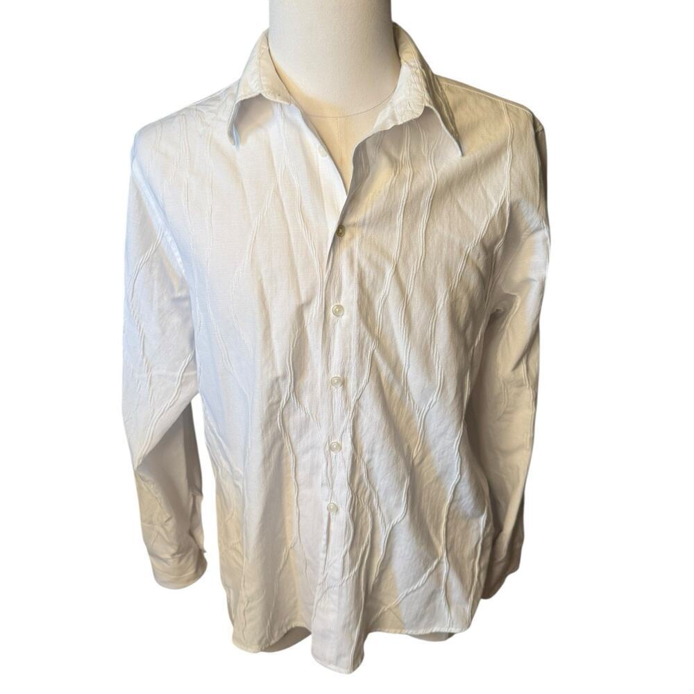 Haupt 41/42 16.5 White Relaxed Coastal Button Down Shirt Raised Wavy Crinkle
